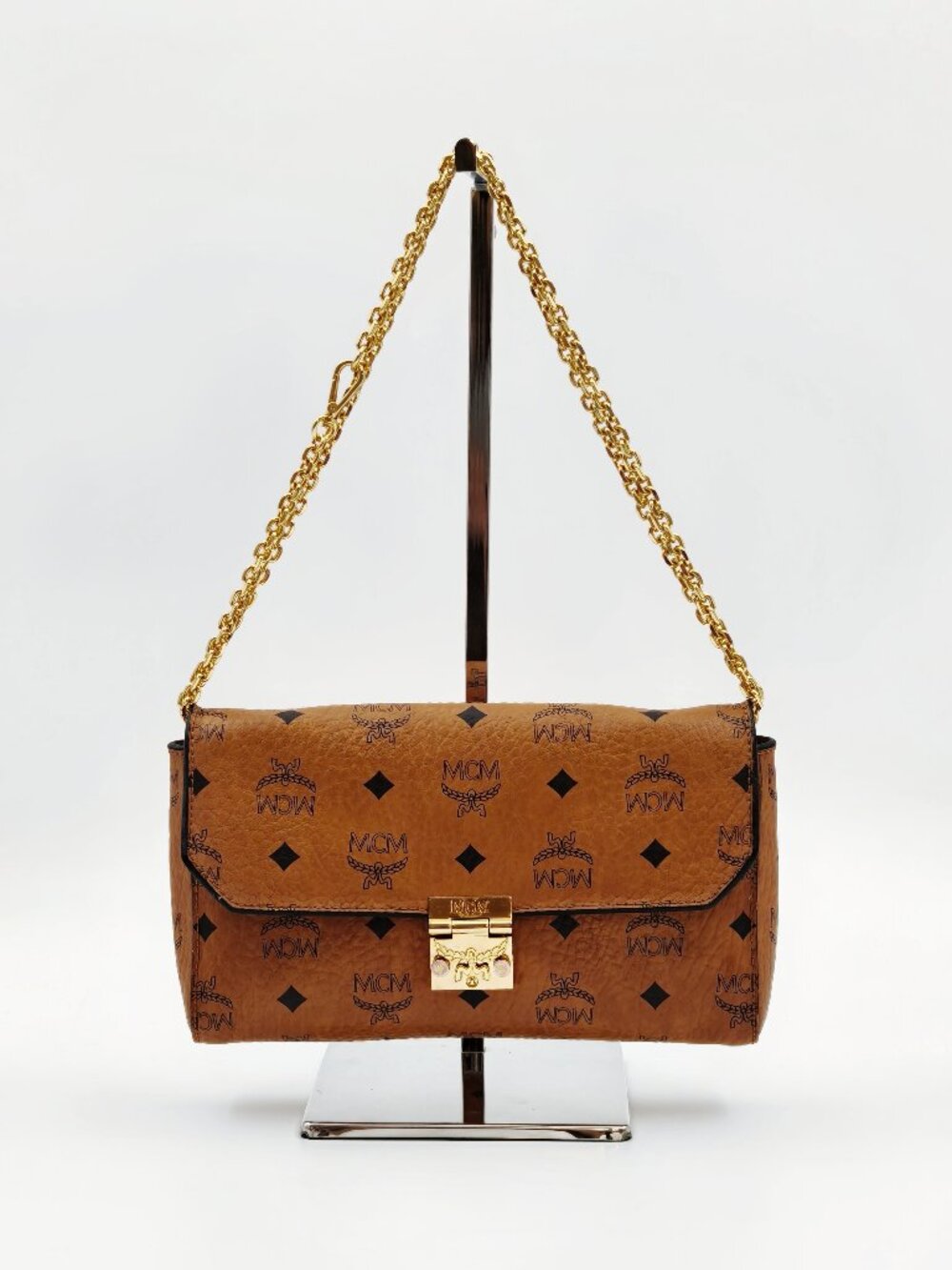 MCM Visetos Cognac Chain Shoulder Bag Gold Hardware Crossbody Purse